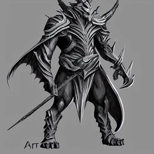Prompt: concept art, chatacter sheet, dragon-shaped human, full color, warrior, spear, white and black clothes, trending on artstation