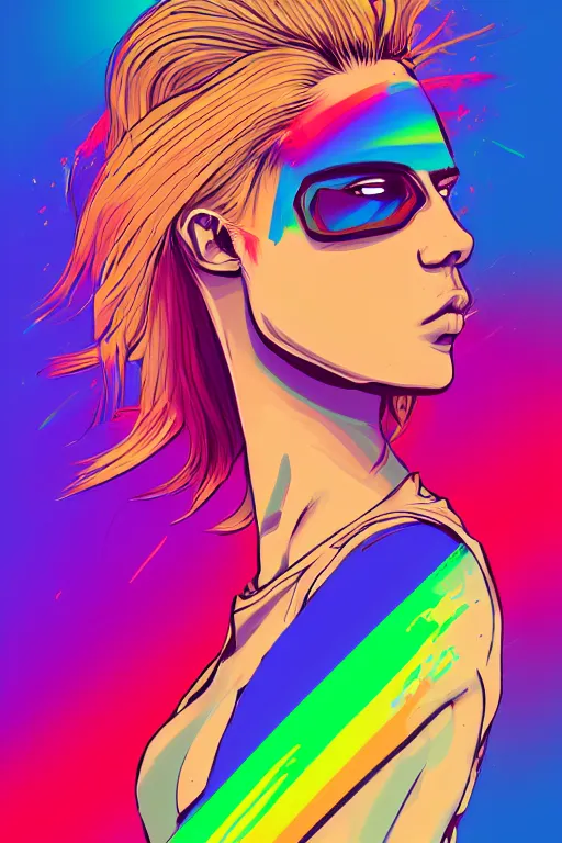 Image similar to a award winning half body portrait of a beautiful woman with stunning eyes in a printed croptop and cargo pants with rainbow colored ombre hairstyle head in motion and hair flying by josan gonzales, outrun, vaporware, shaded flat illustration, digital art, trending on artstation, highly detailed, fine detail, intricate