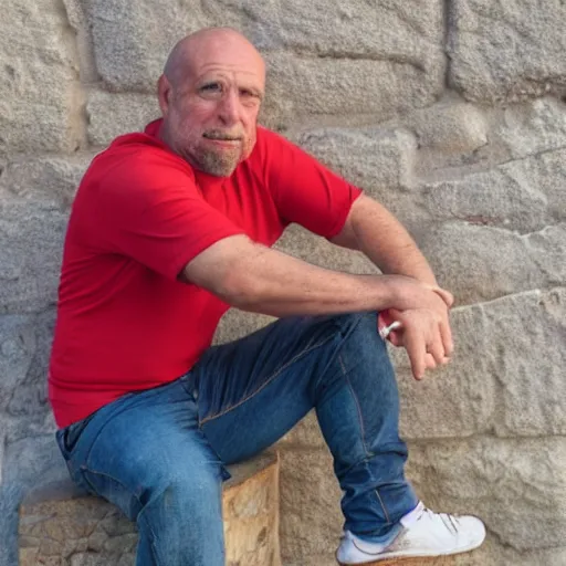 Prompt: table made of stone with man leaning on it wearing jeans and a red shirt