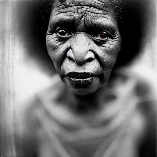 Image similar to old afro woman in the woods, close - up photograph, by sally mann