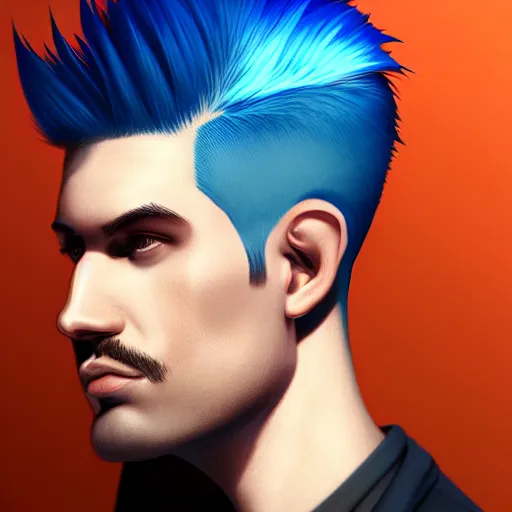 Prompt: portrait of a man with blue undercut hair,a sharp jawline,art by trevor henderson,digital art,highly detailed,photorealistic,deviantart,artstation,professional lighting,cinematic,dramatic