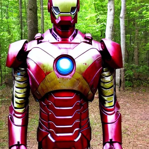 Prompt: rusty iron man suit in the woods
