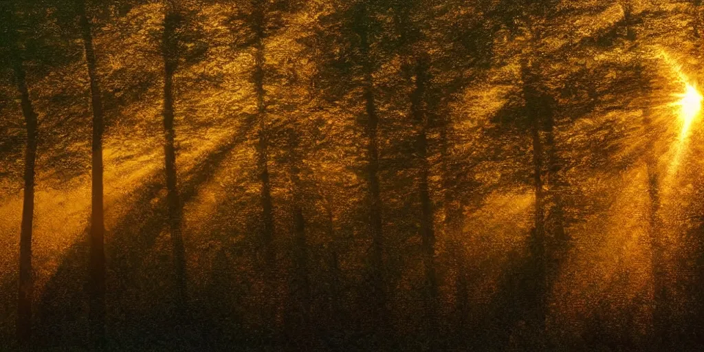 Prompt: An aesthetically pleasing, dynamic, energetic, lively, well-designed digital art of trees inside a forest during golden hour, light and shadow, caustics, by Claude Monet, superior quality, masterpiece, excellent use of negative space. 8K, superior detail.