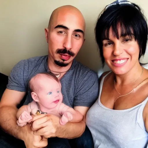 Image similar to a photo of a white man and his dark haired wife that are happy with their 3 month old baby boy. 2 pac can be seen in the background.
