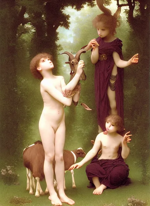 Prompt: boy and girl in pagan clothes performing an occult ritual on a goat in a vaporwave forest, by william-adolphe bouguereau and Takato Yamamoto, high resolution