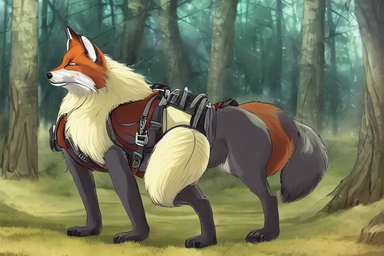 Image similar to an oversized fox, saddled and harnessed, walking through a forest, glowing with silver light, today's featured anime still, 1 6 k, character design, furry art, furaffinity