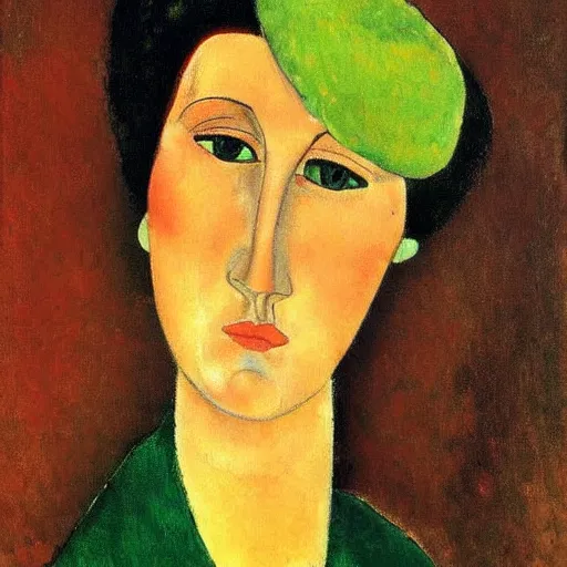 Prompt: beautiful portrait of a woman who is green with envy by amedeo modigliani