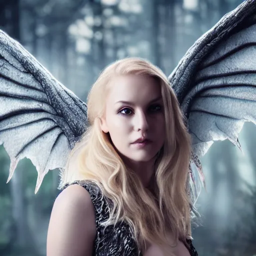 Image similar to very pretty blond female angel with huge dragon wings in a dark forest, perfect symmetrical face, shallow depth of field, moody lighting, single point of light, 8 k, cultural realistic, in the style of martina fackova,