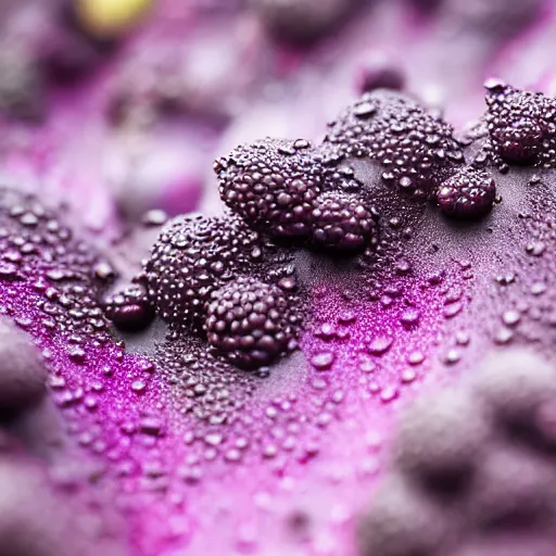 Image similar to closeup shot of alien jungle fruit covered in dew drops, looming milky purple mist in the background, tilt shift, low angle