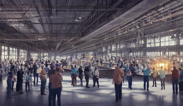 Prompt: large group people in simple warehouse, looking at hologram of futuristic downtown on a table, cinematic concept art, godrays, golden hour, natural sunlight, 4 k, clear details, tabletop model buildings, center model buildings, hologram center, crane shot, crane shot, crane shot, clear details, windows