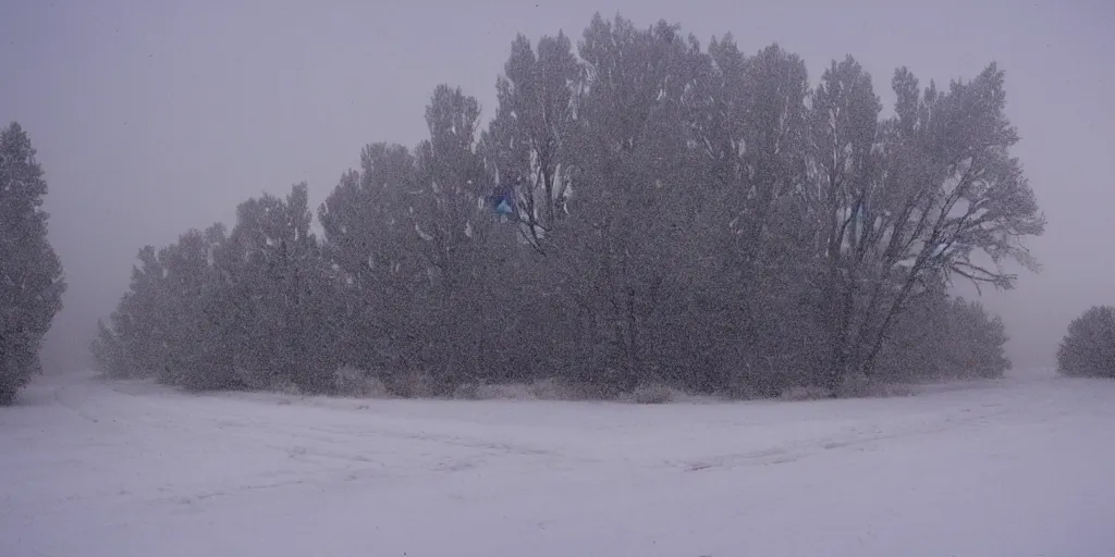 Image similar to photo of green river, wyoming covered in ice and snow, during a snowstorm. a old man in a trench coat and a cane appears as a hazy silhouette in the distance, looking back over his shoulder. cold color temperature. blue hour morning light, snow storm. hazy atmosphere. humidity haze. kodak ektachrome, greenish expired film, award winning, low contrast.