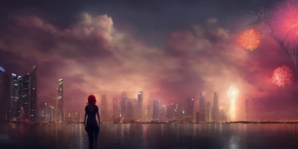 Image similar to Singapore city with a lion-shaped cloud in the sky and fireworks in the sky, by Charlie bowater, red and white lighting, digital art, ultra realistic, ultra detailed, photorealistic, 4k, character concept