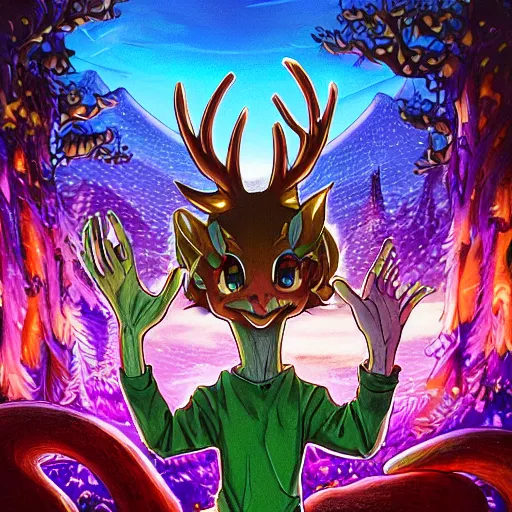 Prompt: anime 4 k headshot portrait of a psychedelic demonic anthropomorphic deer with mushroom themed clothes, magic mushroom village in background by jeff easley, award winning, stylized neon, post - processing, masterpiece, superb resolution. in the art style of junji ito and greg rutkowski. detailed mushroom city in background. hyper realistic anime. perfect art. dalle 2