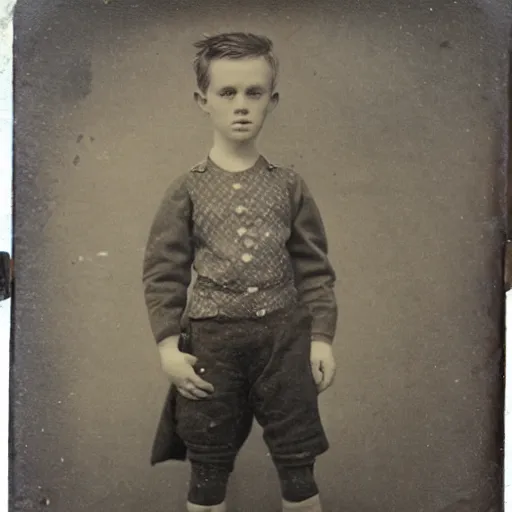 Image similar to tintype photo, boy with arms for legs