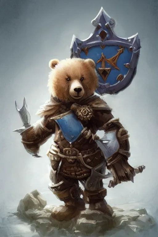 Prompt: cute little anthropomorphic bear knight wearing a cape and a crown, tiny, small, miniature bear, baby animal, short, pale blue armor, cute and adorable, pretty, beautiful, DnD character art portrait, matte fantasy painting, DeviantArt Artstation, by Jason Felix by Steve Argyle by Tyler Jacobson by Peter Mohrbacher, cinematic lighting