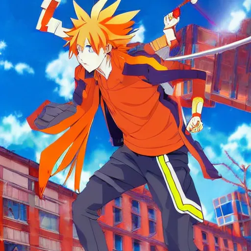 Image similar to orange - haired anime boy, 1 7 - year - old anime boy with wild spiky hair, wearing blue jacket, running past colorful building, red - yellow - blue colored building, turquoise aquamarine windows, strong lighting, strong shadows, vivid hues, ultra - realistic, sharp details, subsurface scattering, intricate details, hd anime, 2 0 1 9 anime