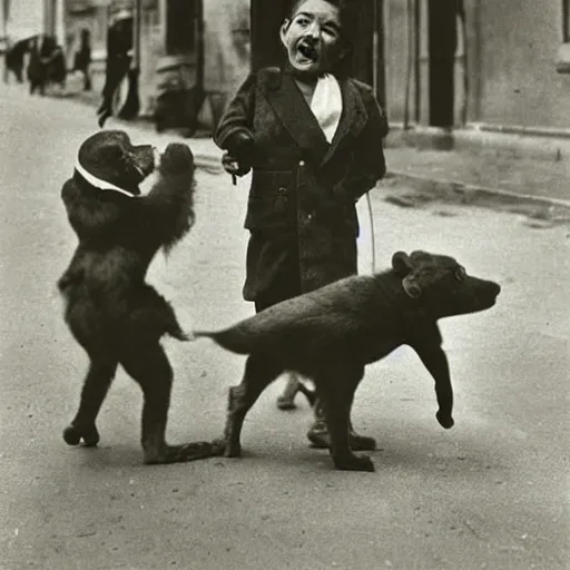 Image similar to anthro animals playing in the street, 1900s photograph