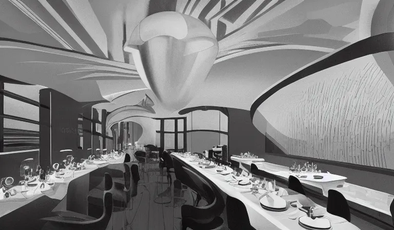 Image similar to a beautiful, sharp focus, clean lines. the interior of an art deco undersea restaurant. vaporwave ombre rendering. outrun style. fish. neon backlit jellyfish. trending on artstation. recommended for you behance. by chris moore. by edward hopper. ambient occlusion. digital matte painting. metropolis filmic. gotham city.