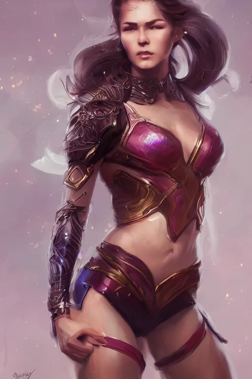 Image similar to three quarters portrait pose of a beautiful woman, strong body,super heroine costume,super powers, fantasy, intricate, elegant, highly detailed, digital painting, artstation, concept art,shining, sharp focus, illustration, art by Stanley Lau