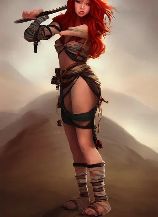 Prompt: Redhead girl which chest wrapped in bandages with katana in desert, fantasy, medieval, vivid colors, fantasy, elegant, concept art, sharp focus, beautiful face, digital art, Hyper-realistic, 4K, Unreal Engine, Highly Detailed, HD, Dramatic Lighting by Brom, trending on Artstation