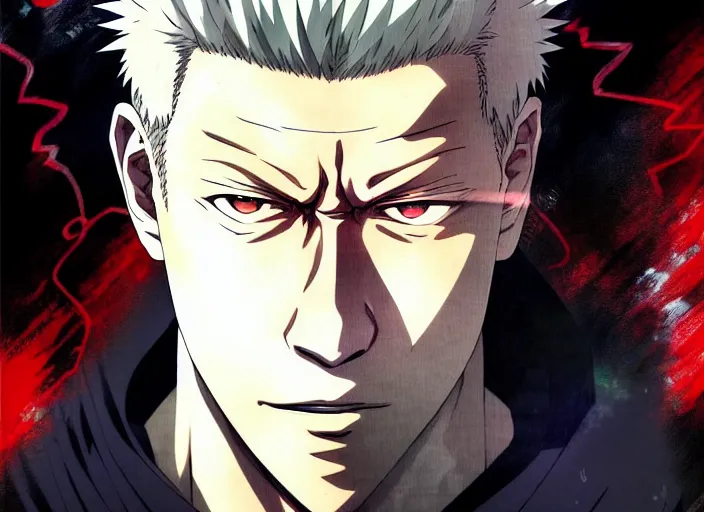 Image similar to a anime portrait of a man, close up, jujutsu kaisen!! finely detailed features, sharp focus, perfect art, scenic background, intricate, anime, illustration, artstation, trending on pixiv fanbox, painted by greg rutkowski, studio ghibli, yoji shinkawa, mappa