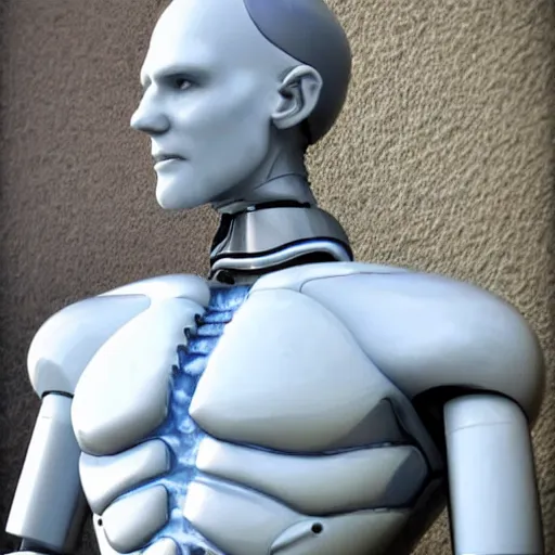 Image similar to twitch streamer / gamer ludwig, ice statue, blank stare, a realistic detailed photo of a guy who is an attractive humanoid who is half robot and half humanoid, by the pool, posing like a statue, showing off his muscles, made of ice, shiny skin, on display, who is a male android, humanoid robot