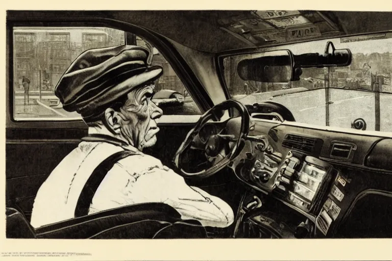 Prompt: a man in car cockpit opening the door wearing a newsboy cap, magazine design, white background, by norman rockwell and rene gruau