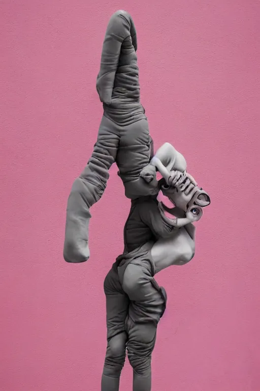 Image similar to a surreal portrait of intertwined and contorted figures wearing gas mask next to a pink wall in the style of brooke didonato, editorial fashion photography from vogue magazine, full shot, nikon d 8 1 0, ƒ / 2. 5, focal length : 8 5. 0 mm, exposure time : 1 / 8 0 0, iso : 2 0 0