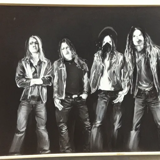 Prompt: greg manchess painting of an metal band photo, direct flash photography at night, film grain, black and white