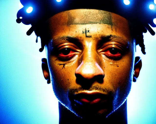 Prompt: 3 5 mm closeup portrait of 2 1 savage ’ s less famous but much much much older and talented brother top fragging in his live action video game, pipes, wires, dramatic lighting, octane, blue lights, lens flare, industrial, dirty, trending on artstation, golden ratio, h. r. giger, mist, action, volumetric lighting