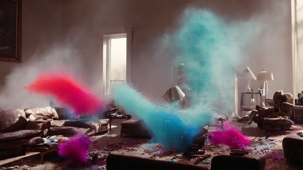 Image similar to colored powder explosion in the living room, film still from the movie directed by Denis Villeneuve with art direction by Salvador Dalí, wide lens