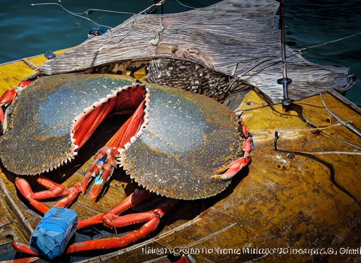 Prompt: a giant crab on a fishing boat, nature photography, wildlife photography canon, sony, nikon, olympus, 4 k, hd, telephoto, award winning, depth of field