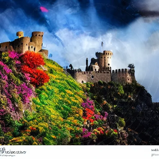 Prompt: Fantastic landscapes and nature, planted in the rock of the castle, bright bloom, colorful birds, fabulous castle, rainbows, sunny sky