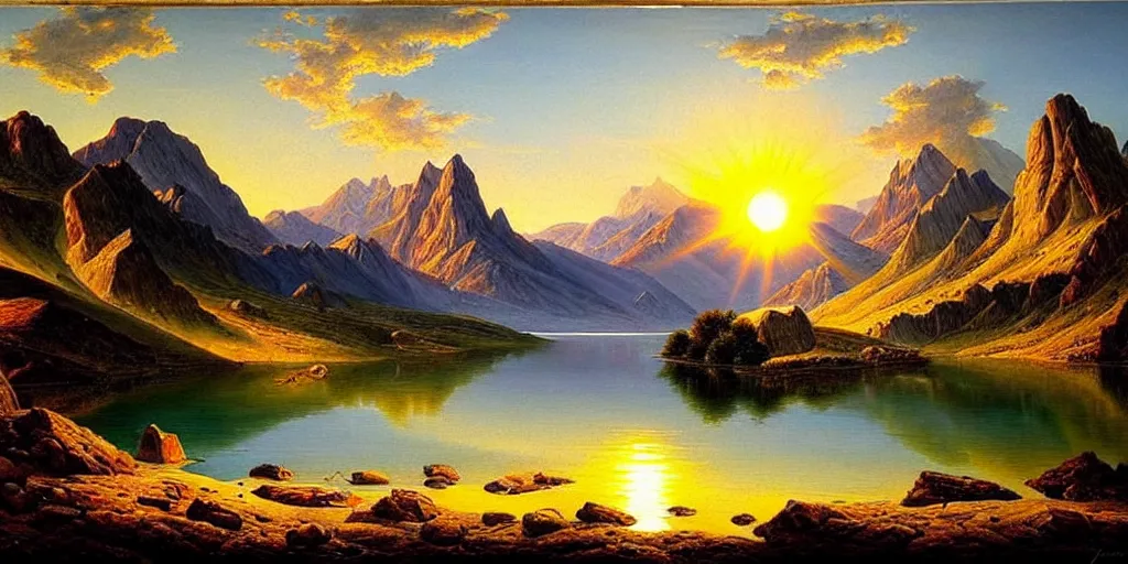 Prompt: a beautiful landscape, sun rises between two mountains, a lake in between the mountains, painting by john stephans, extremely detailed, hyper realism