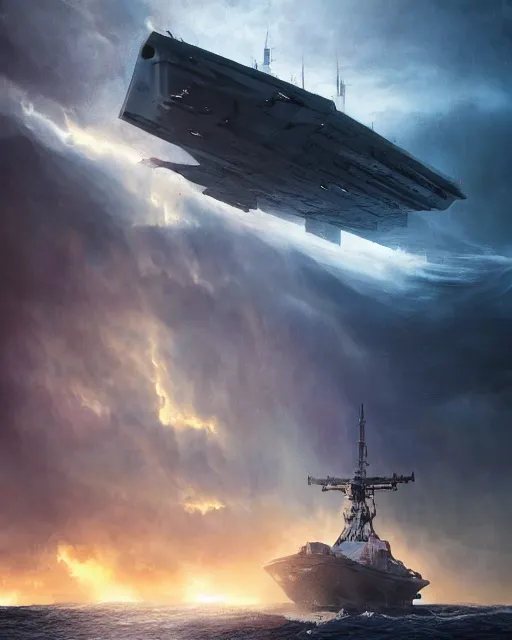 Prompt: scifi action scene of a fishing boat on stormy seas, a gigantic star destroyer spaceship flying overhead, the gigantic star destroyer spaceship is emerging from storm clouds, sunset lighting, stormy weather, dramatic lighting, unreal engine, hyper realism, realistic shading, cinematic composition, realistic render, octane render, detailed textures, photorealistic, ultrawide shot, 1 6 mm lens