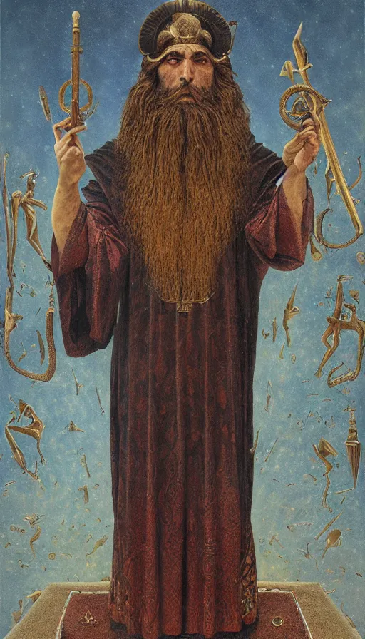 Image similar to the emperor, ram horns, taurus, mars energy, scepter in his hand, ankh, wisdom, long white beard, agostino arrivabene