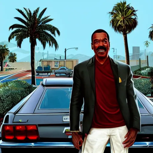 Image similar to Eddie Murphy in GTA V. Los Santos in the background, palm trees. In the art style of Stephen Bliss