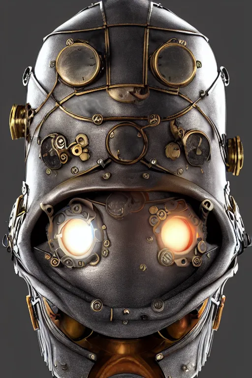 Image similar to steampunk mask minimalist fantasy art robot ninja helmet, global illumination ray tracing hdr fanart arstation by sung choi and eric pfeiffer and gabriel garza and casper konefal radiating a glowing aura