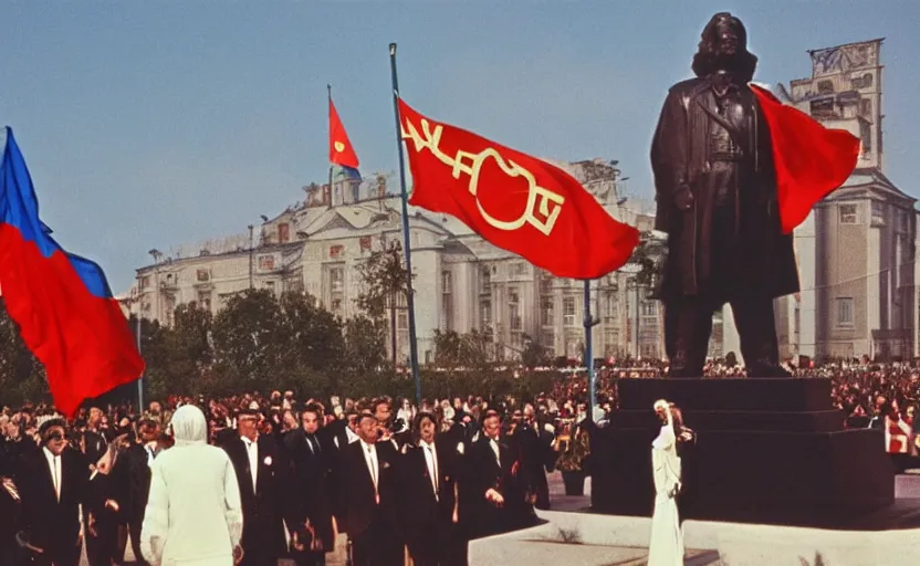 Prompt: 60s movie still of a soviet's ceremony with CCCP flags and a large bronze statue of Karl Marx stanilist style palace backround, by Irving Penn , cinestill 800t 35mm eastmancolor, heavy grainy picture, very detailed, high quality, 4k, HD criterion, precise texture