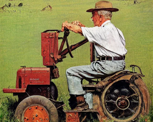 Prompt: high quality high detail painting by norman rockwell, hd, old man on tractor, muted pastel colors, photorealistic lighting