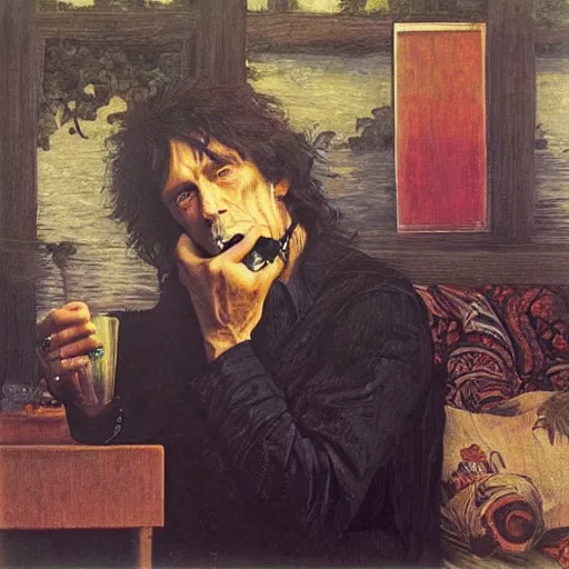 Prompt: keith richards drinking the elixir of life, pre - raphaelite painting