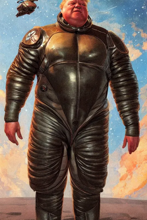 Image similar to upper body portrait of baron harkonnen wearing leather spacesuit, detailed, sunshine, nebula space background, illustration by normal rockwell, artstation character art, john william waterhouse, concept art, greg rutkowski