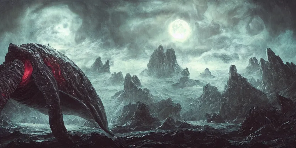 Image similar to concept art of giant whale, lava rocks, lovecraftian, renaissance, roaring, melting horror, round moon, rich clouds, fighting the horrors of the unknown, overgrown forest, very detailed, volumetric light, mist, fine art, decaying, textured oil over canvas, epic fantasy art, very colorful, ornate scales