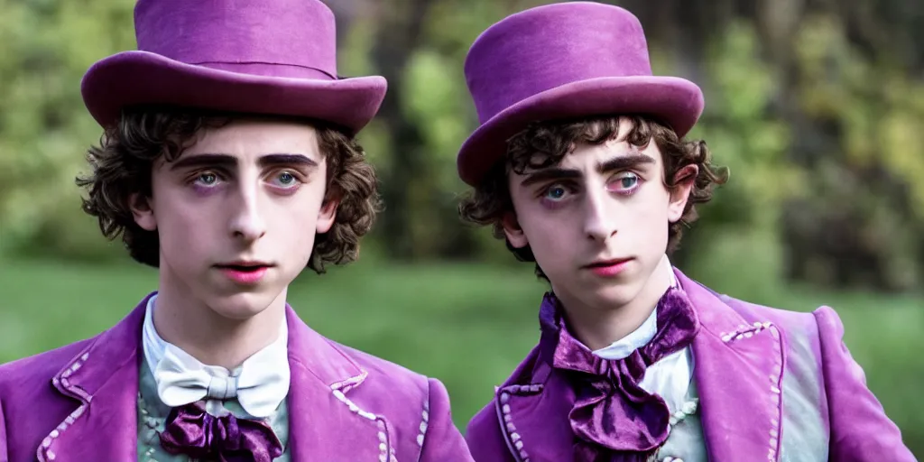 Image similar to film still of Timothée Chalamet as Willy Wonka in new Willy Wonka movie, 4k