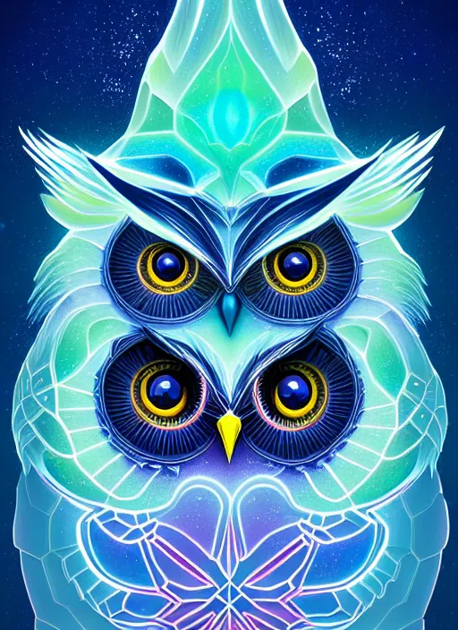 Image similar to symmetry!! product render poster vivid colors divine proportion owl, ice and snow, glowing fog intricate, elegant, highly detailed, digital painting, artstation, concept art, smooth, sharp focus, illustration,