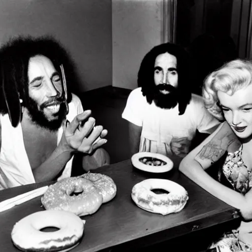 Image similar to Marilyn Monroe, Bob Marley and Charles Manson eating donuts in a cafe.