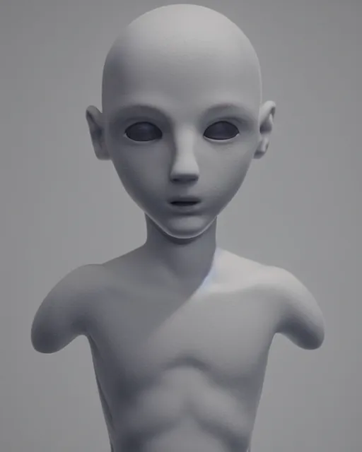 Image similar to a photo of a genderless white toy figurine made from resin, ceramic, headless, pillhead, pale head, bald, smooth skin, even surface, minimalistic, octane rendering, ambient lighting, orange subsurface scattering