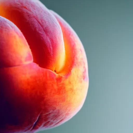 Image similar to a macro photo of a peach in shape of female bum, hyper realistic, hyper detailed, 35mm, very grainy film, pink volumetric studio lighting, bokeh, black background award winning shot, vogue magazine, cinematic, 8k, very closeup, elegant, tender, pastel