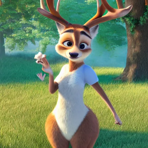 Image similar to portrait, 3 d render, tall, slightly fat, anthropomorphic female deer, wearing along white dress, in the style of zootopia,