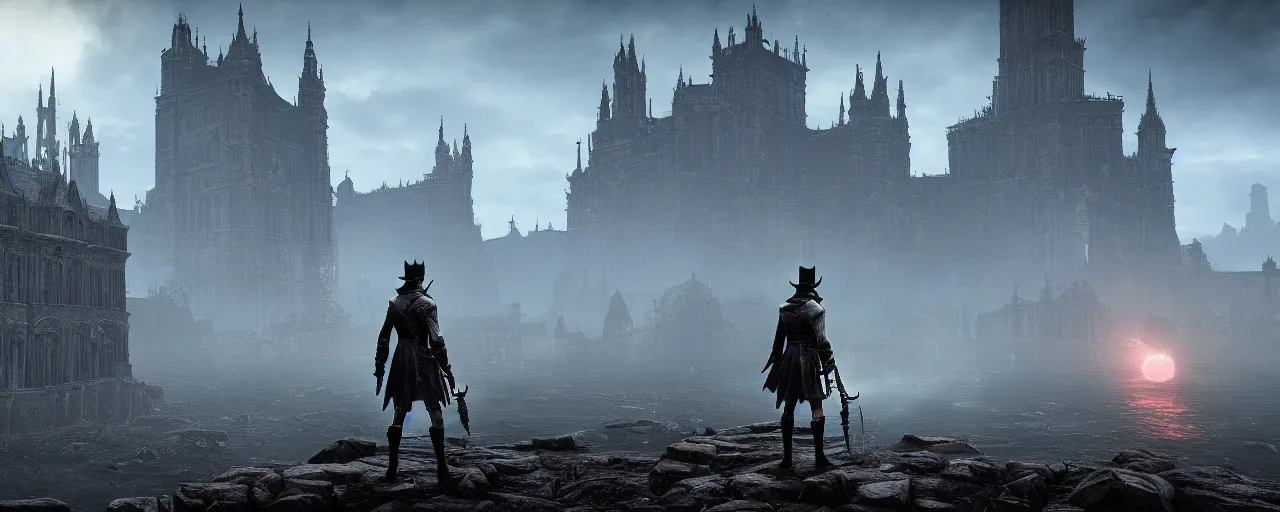 Image similar to a vast landscape with lots of unique landmarks, this is truly a beautiful view, screenshot from bloodborne